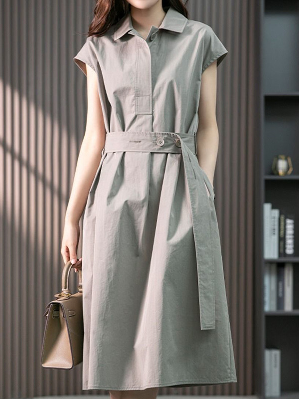 Solid Color Bandage Short Sleeves Plus Size Lapel Midi Dresses