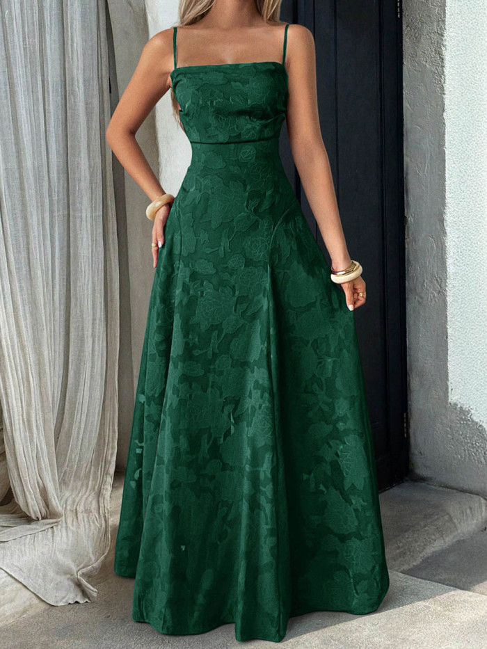 Solid Color Pleated Jacquard Sleeveless High Waisted Spaghetti-Neck Maxi Dresses