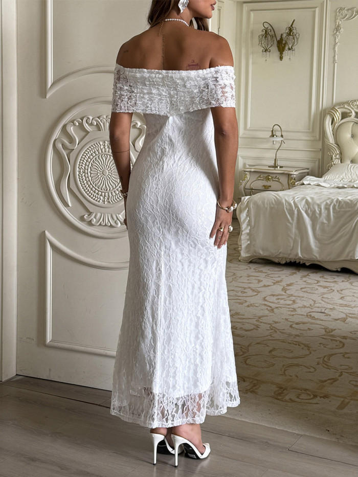 Split-Joint Solid Color See-Through Jacquard Sleeveless High Waisted One-Shoulder Maxi Dresses