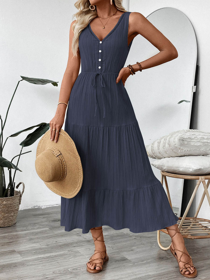 Tied Waist Solid Color Pleated Buttoned Sleeveless High Waisted V-Neck Maxi Dresses