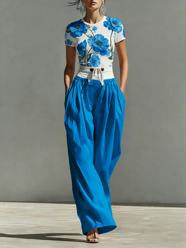 Tied Waist Split-Joint Pockets Pleated Contrast Color Buttoned Wide Leg High Waisted Trousers Pants