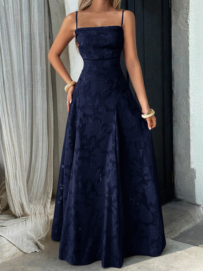 Solid Color Pleated Jacquard Sleeveless High Waisted Spaghetti-Neck Maxi Dresses