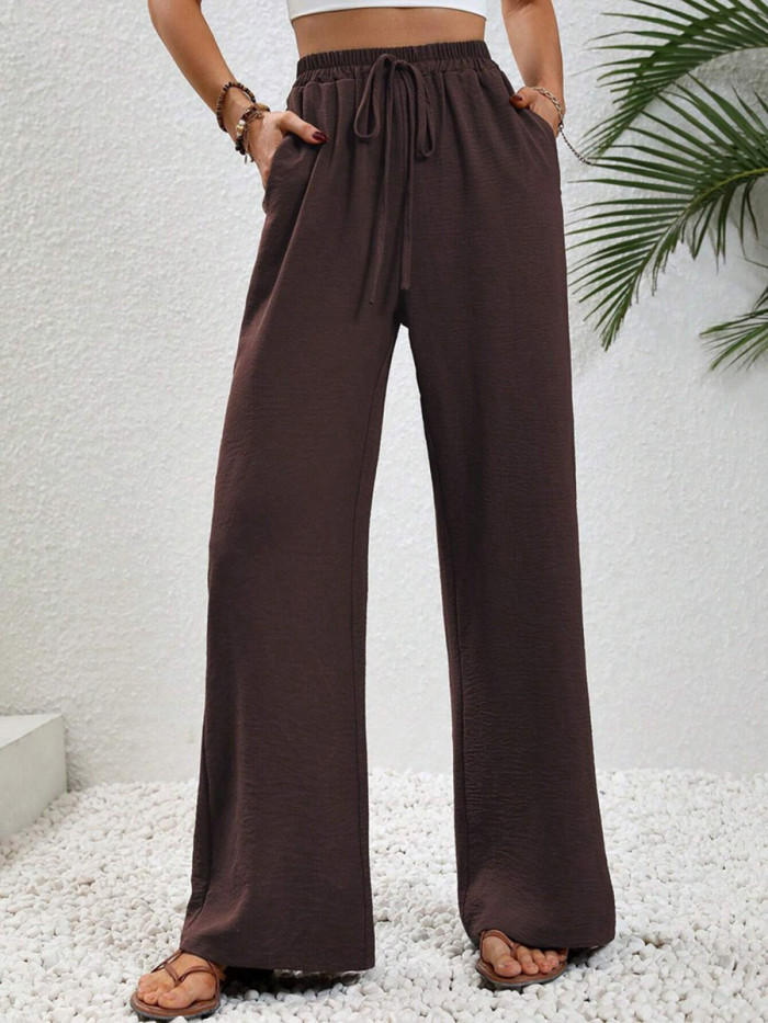 Tied Waist Solid Color Pleated Elasticity Wide Leg Loose Trousers Pants