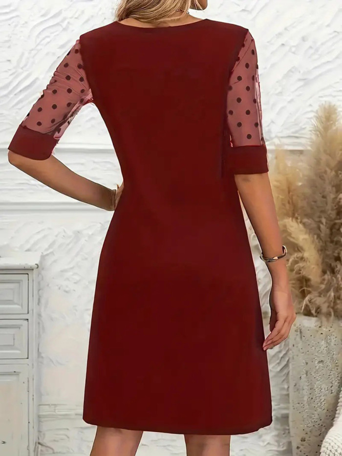 Split-Joint Solid Color See-Through Polka-Dot High Waisted Half Sleeves Round-Neck Mini Dresses