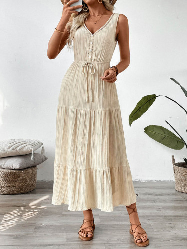 Tied Waist Solid Color Pleated Buttoned Sleeveless High Waisted V-Neck Maxi Dresses