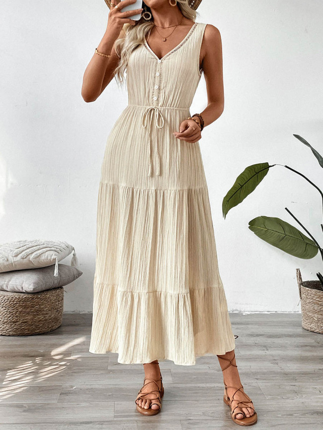 Tied Waist Solid Color Pleated Buttoned Sleeveless High Waisted V-Neck Maxi Dresses