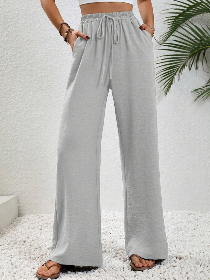 Tied Waist Solid Color Pleated Elasticity Wide Leg Loose Trousers Pants
