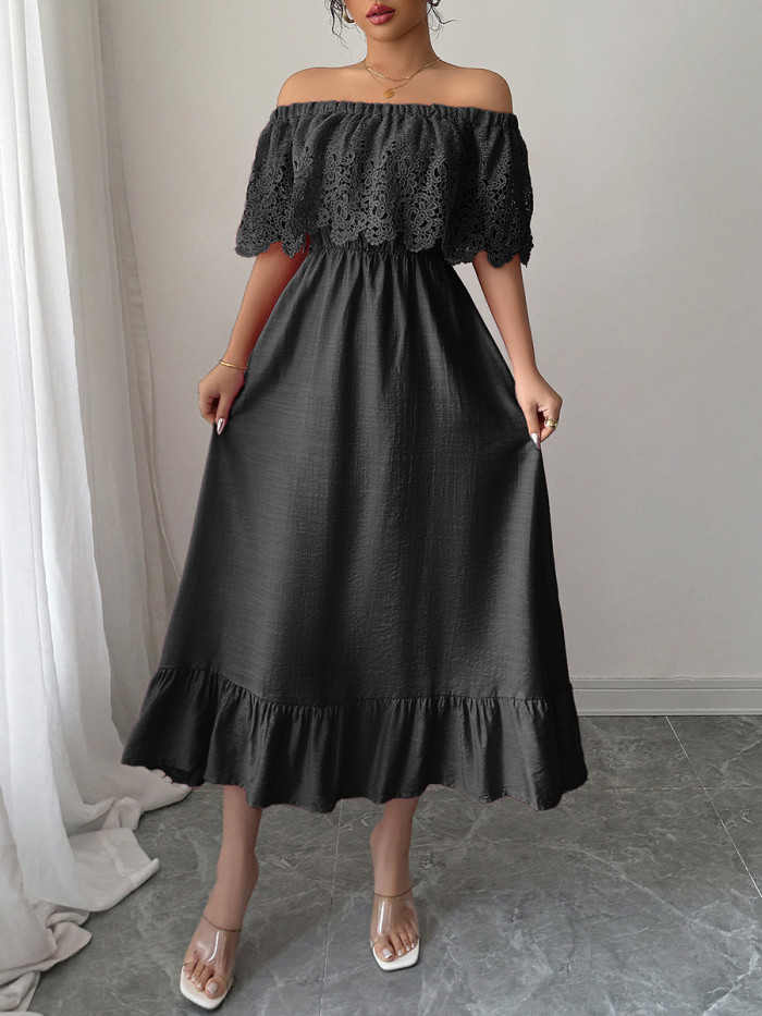 Split-Joint Solid Color Ruffled Pleated Short Sleeves High Waisted One-Shoulder Midi Dresses