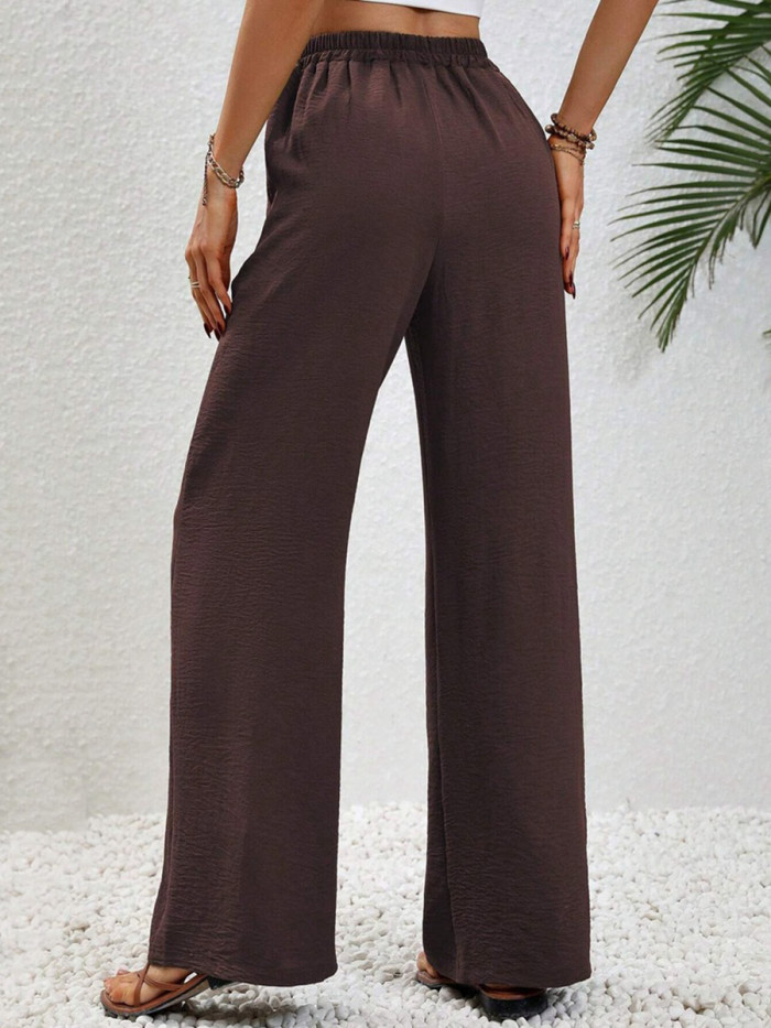 Tied Waist Solid Color Pleated Elasticity Wide Leg Loose Trousers Pants
