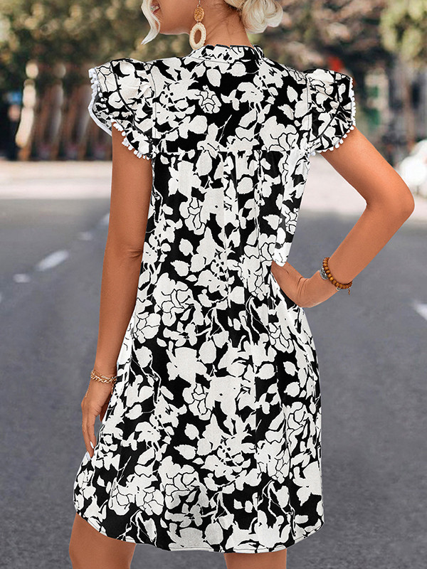 Tied Split-Joint Printed Short Sleeves Ruffle Sleeves V-Neck Mini Dresses