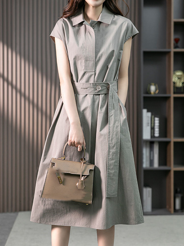 Solid Color Bandage Short Sleeves Plus Size Lapel Midi Dresses