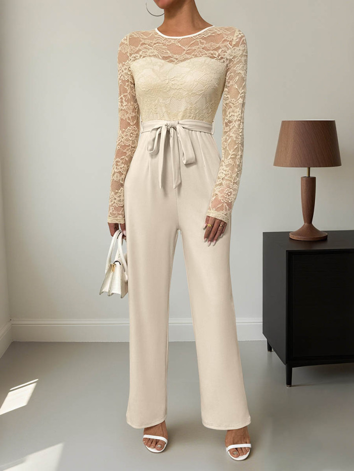 Tied Waist Split-Joint Solid Color See-Through Long Sleeves High Waisted Round-Neck Jumpsuits