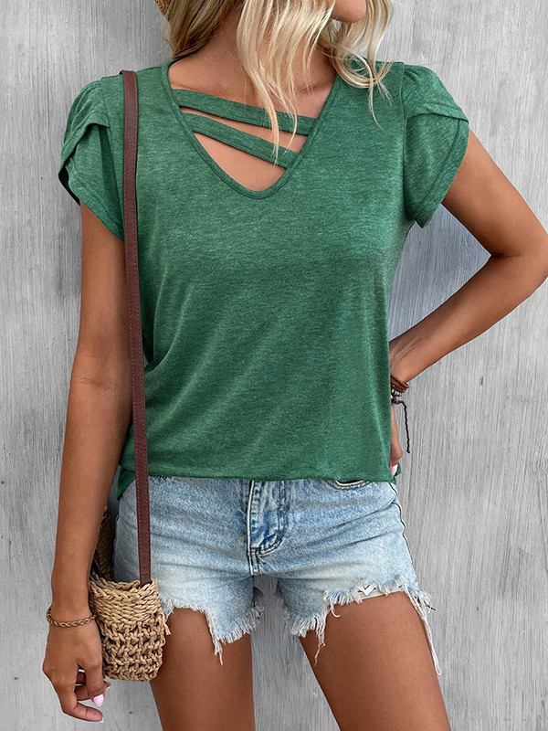Solid Color Short Sleeves Loose V-neck T-Shirts Tops