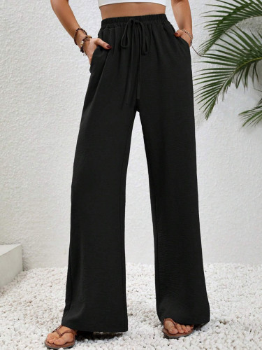 Tied Waist Solid Color Pleated Elasticity Wide Leg Loose Trousers Pants