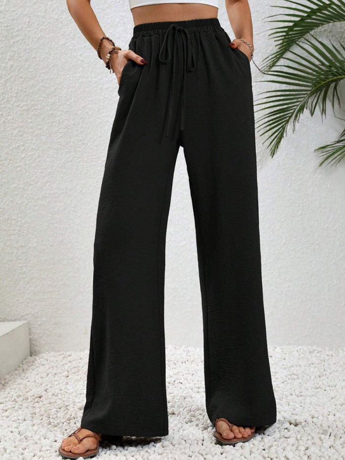 Tied Waist Solid Color Pleated Elasticity Wide Leg Loose Trousers Pants