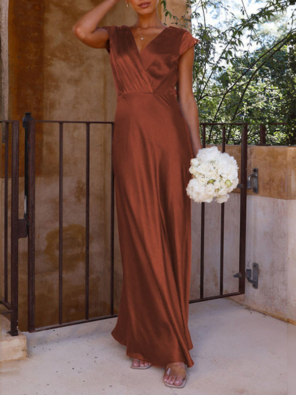 Split-Joint Solid Color Pleated Short Sleeves Loose V-Neck Maxi Dresses