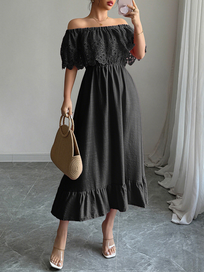 Split-Joint Solid Color Ruffled Pleated Short Sleeves High Waisted One-Shoulder Midi Dresses