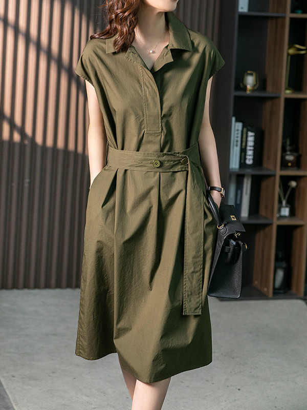 Solid Color Bandage Short Sleeves Plus Size Lapel Midi Dresses