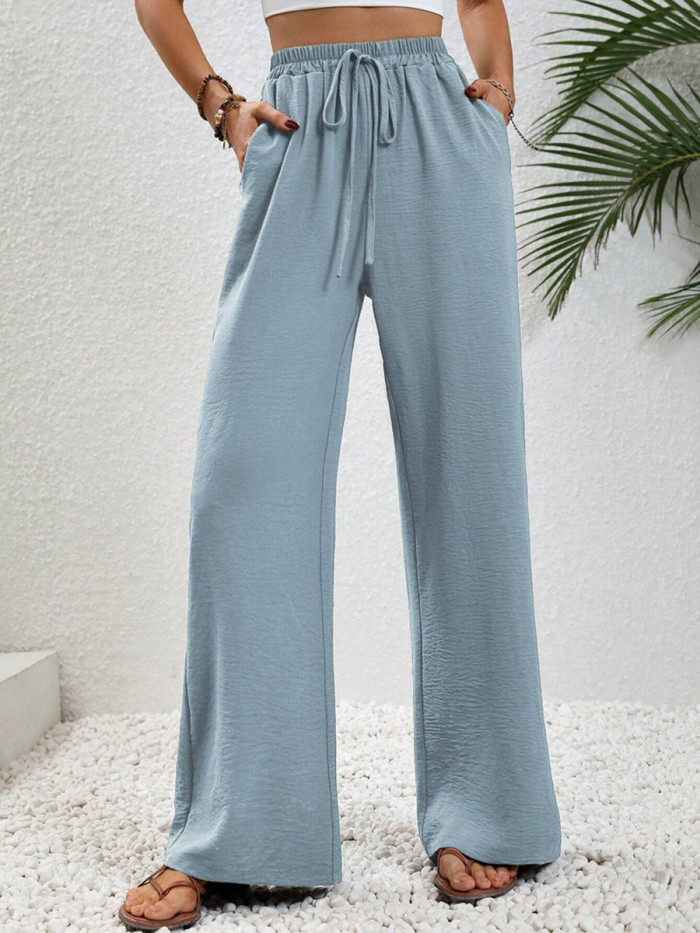 Tied Waist Solid Color Pleated Elasticity Wide Leg Loose Trousers Pants