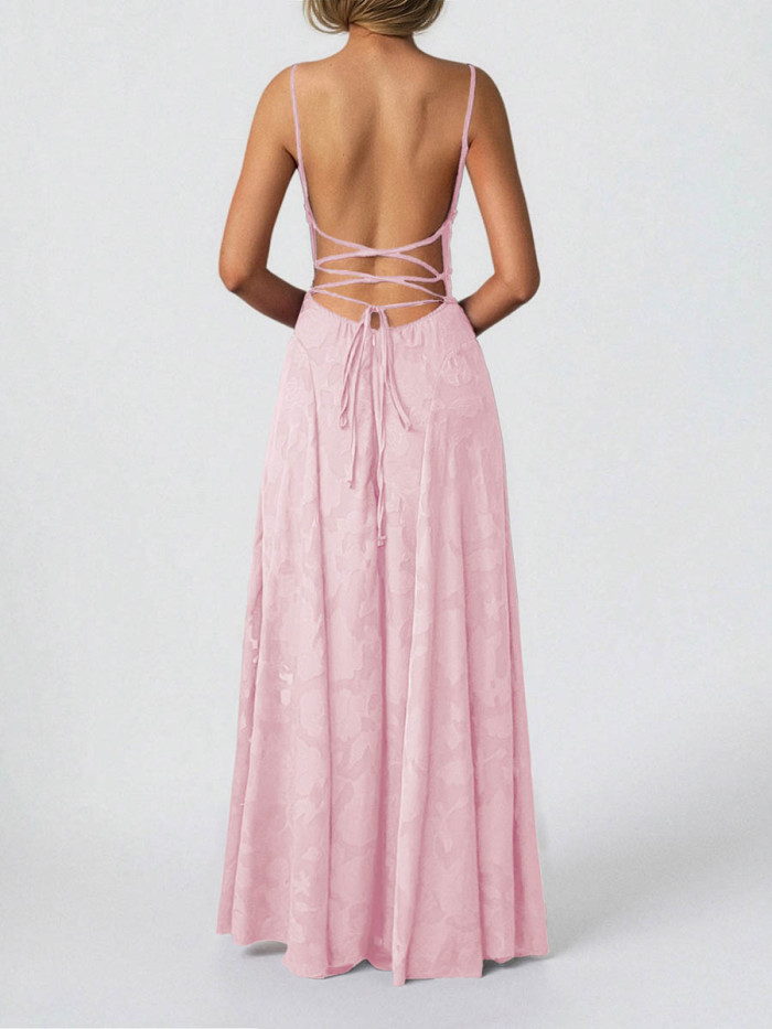 Solid Color Pleated Jacquard Sleeveless High Waisted Spaghetti-Neck Maxi Dresses