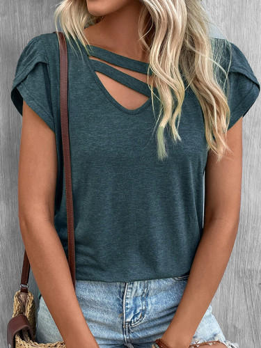 Solid Color Short Sleeves Loose V-neck T-Shirts Tops