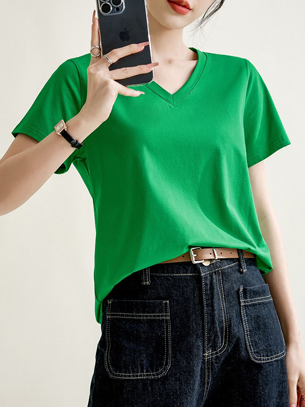 Solid Color Short Sleeves Loose V-Neck T-Shirts Tops