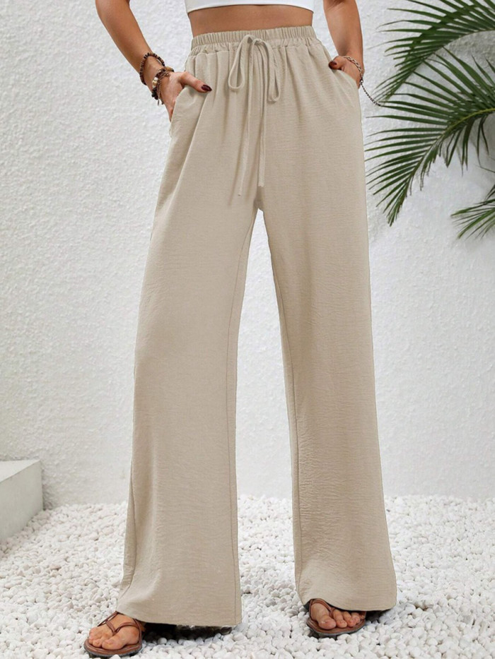 Tied Waist Solid Color Pleated Elasticity Wide Leg Loose Trousers Pants