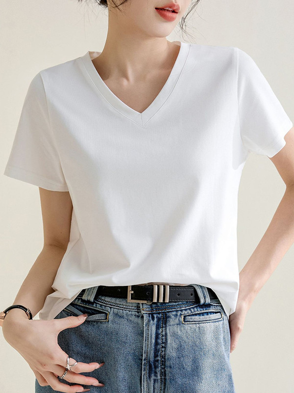 Solid Color Short Sleeves Loose V-Neck T-Shirts Tops