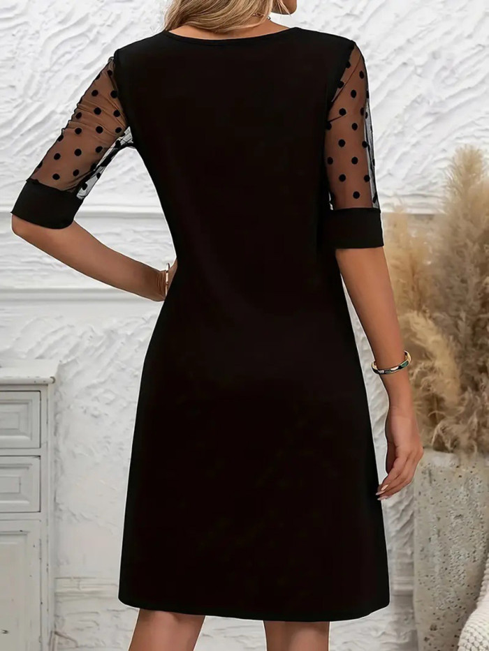Split-Joint Solid Color See-Through Polka-Dot High Waisted Half Sleeves Round-Neck Mini Dresses