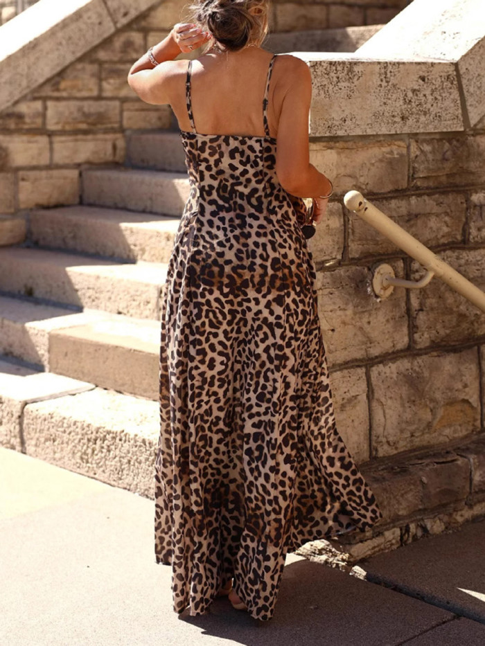 Pleated Leopard Contrast Color Backless Sleeveless High Waisted Spaghetti-Neck Maxi Dresses