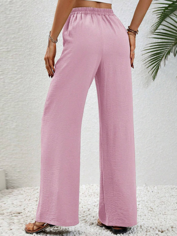 Tied Waist Solid Color Pleated Elasticity Wide Leg Loose Trousers Pants