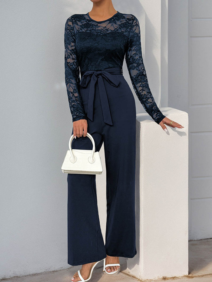 Tied Waist Split-Joint Solid Color See-Through Long Sleeves High Waisted Round-Neck Jumpsuits
