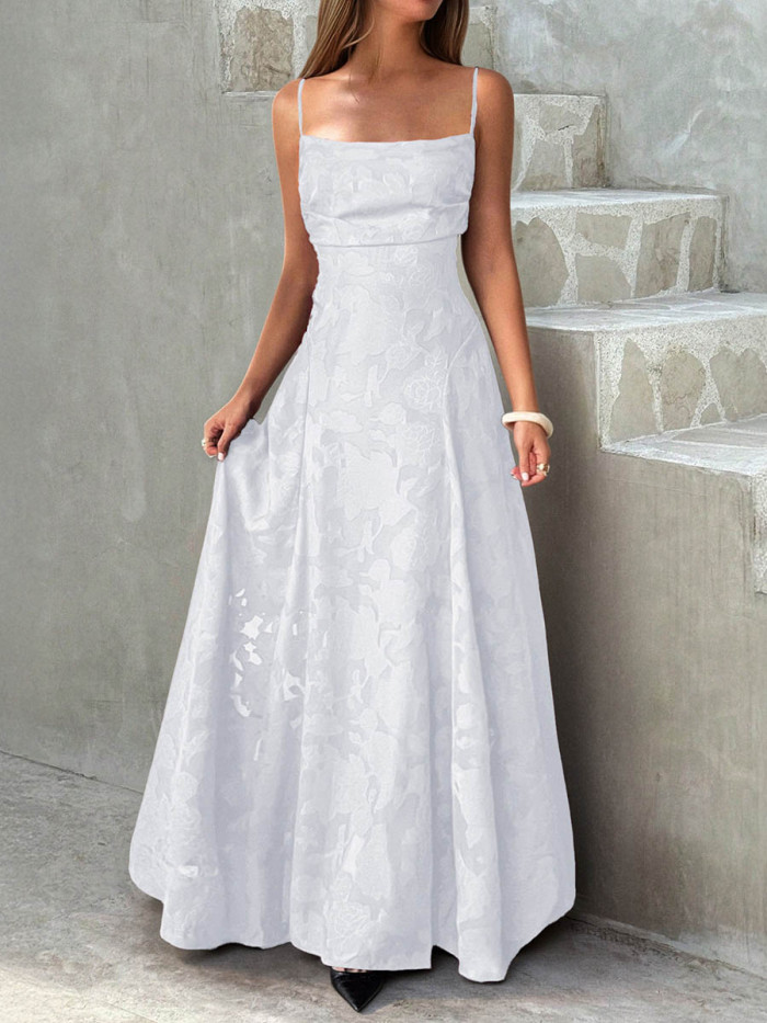 Solid Color Pleated Jacquard Sleeveless High Waisted Spaghetti-Neck Maxi Dresses