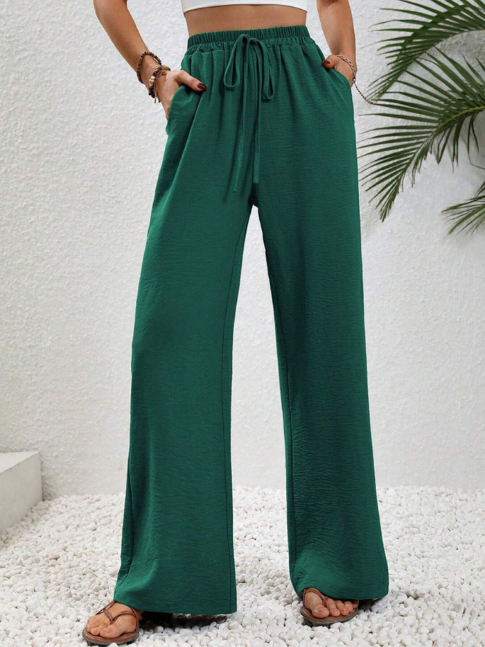 Tied Waist Solid Color Pleated Elasticity Wide Leg Loose Trousers Pants
