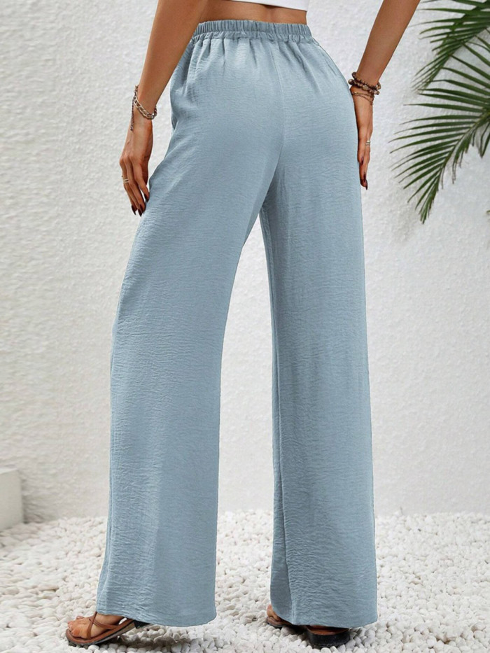 Tied Waist Solid Color Pleated Elasticity Wide Leg Loose Trousers Pants