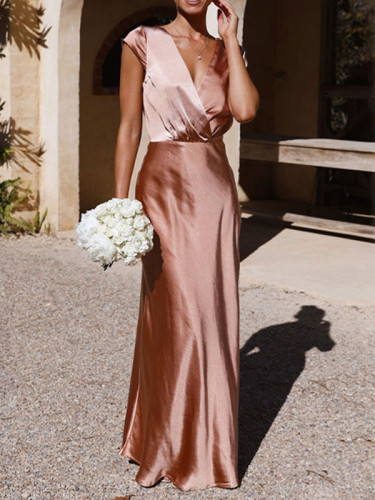 Split-Joint Solid Color Pleated Short Sleeves Loose V-Neck Maxi Dresses