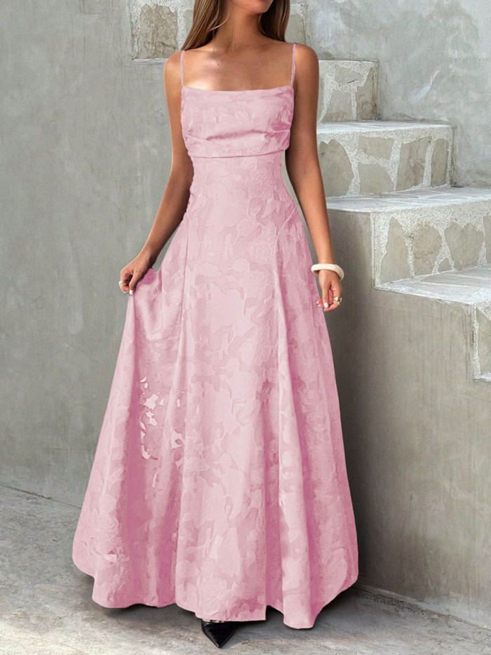 Solid Color Pleated Jacquard Sleeveless High Waisted Spaghetti-Neck Maxi Dresses