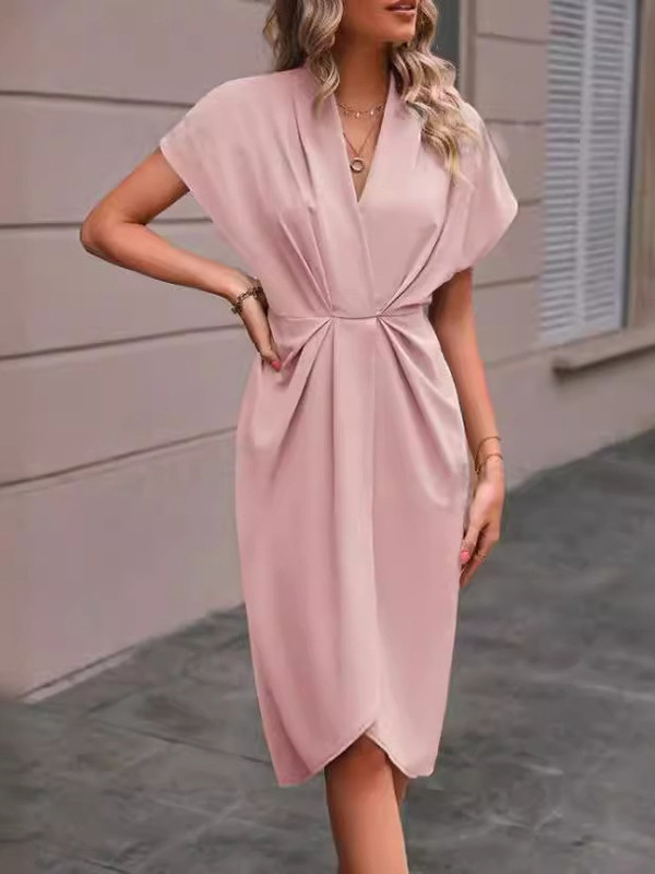 Split-Front Solid Color Pleated Knot Short Sleeves Loose V-Neck Midi Dresses