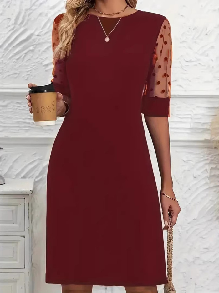 Split-Joint Solid Color See-Through Polka-Dot High Waisted Half Sleeves Round-Neck Mini Dresses