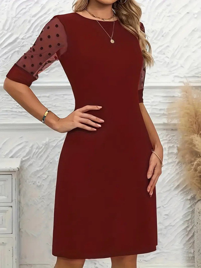 Split-Joint Solid Color See-Through Polka-Dot High Waisted Half Sleeves Round-Neck Mini Dresses