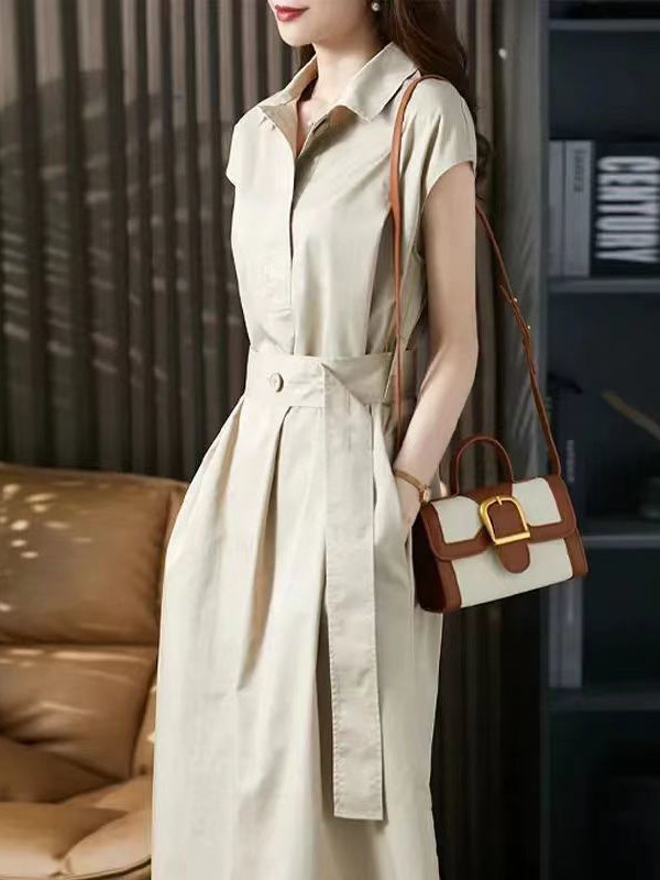 Solid Color Bandage Short Sleeves Plus Size Lapel Midi Dresses