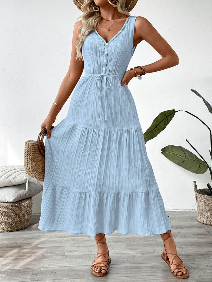 Tied Waist Solid Color Pleated Buttoned Sleeveless High Waisted V-Neck Maxi Dresses