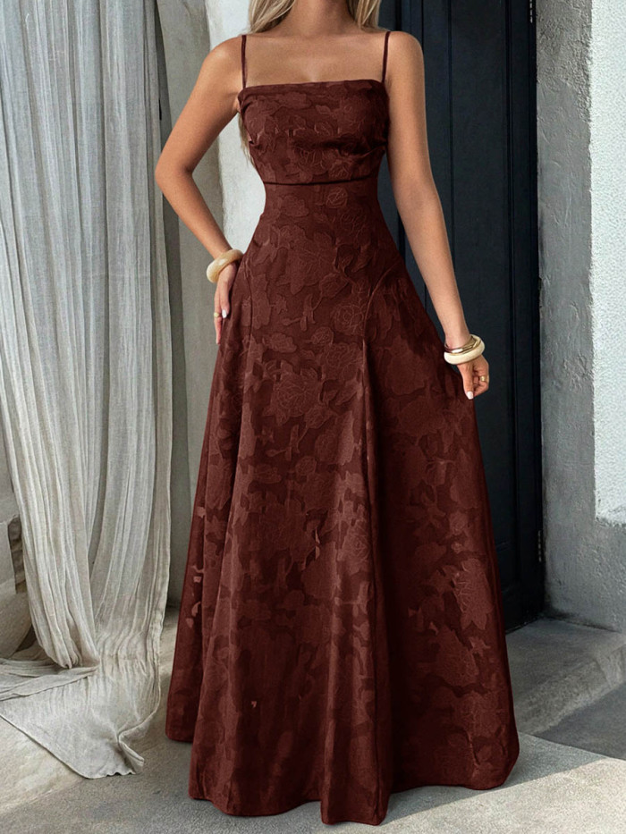 Solid Color Pleated Jacquard Sleeveless High Waisted Spaghetti-Neck Maxi Dresses
