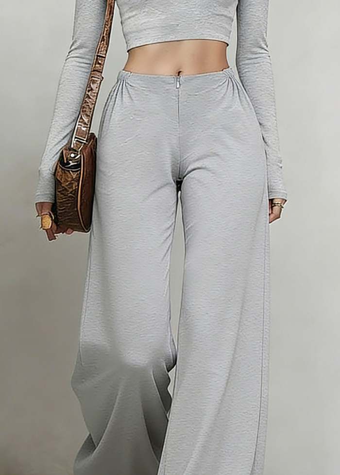 Natural Grey Wrinkled High Waist Wide Leg Pants Summer