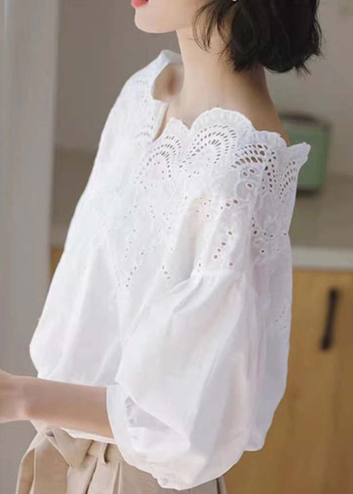 Unique White Hollow Out Shirts Puff Sleeve
