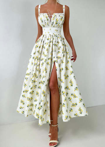 2026 New Beige Print Side Open Long Spaghetti Strap Dress Sleeveless