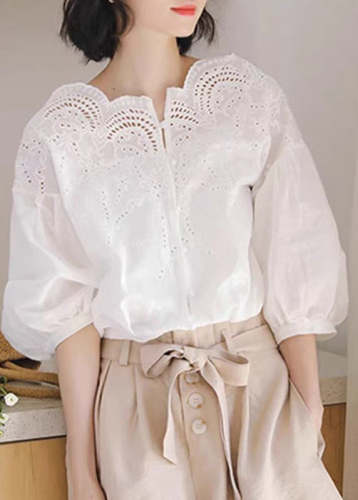Unique White Hollow Out Shirts Puff Sleeve