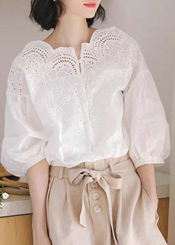 Unique White Hollow Out Shirts Puff Sleeve