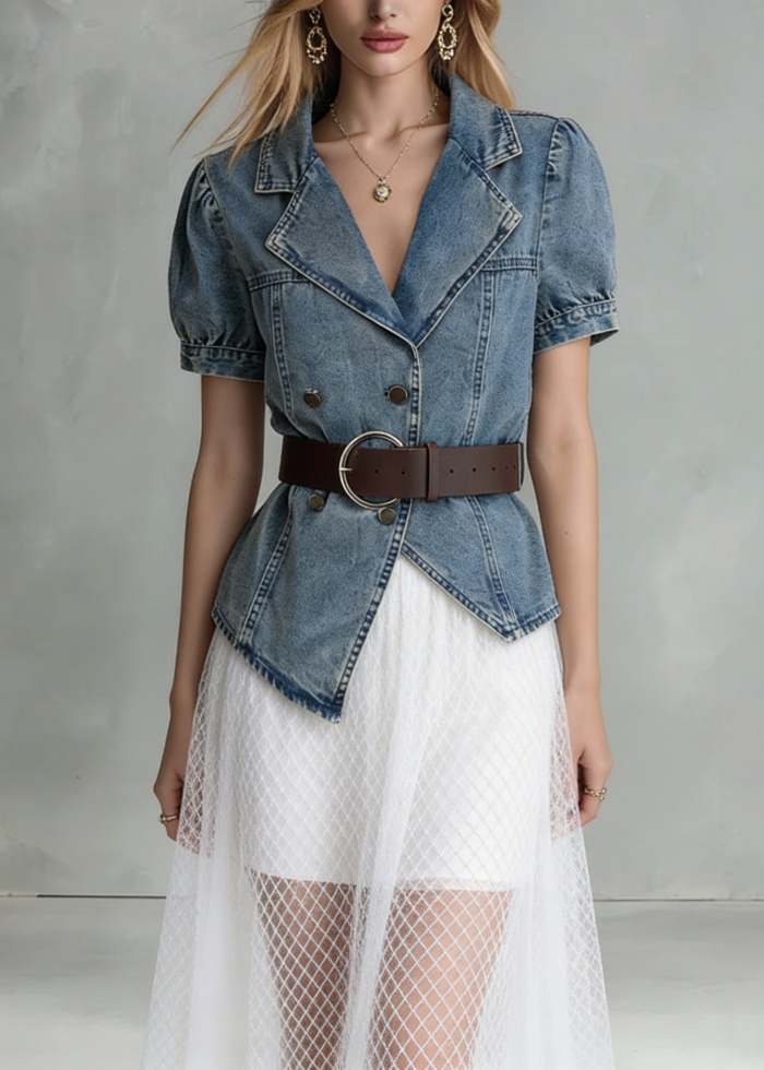 Fashion Blue Notched Asymmetrical Design Denim Shirts Summer