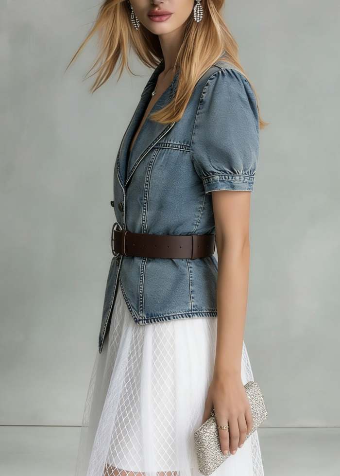 Fashion Blue Notched Asymmetrical Design Denim Shirts Summer